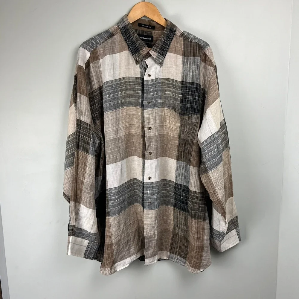 Paul Fredrick XXL Classic Fit Pure‎ Linen Plaid Button Down Shirt Brown Tan Grey